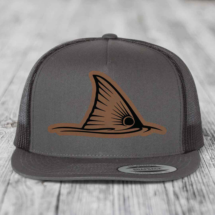 Redfish Tail - Leather Patch Hat - Dark Brown to Black Patch - Yupoong 6006 Snapback Flatbill Hat