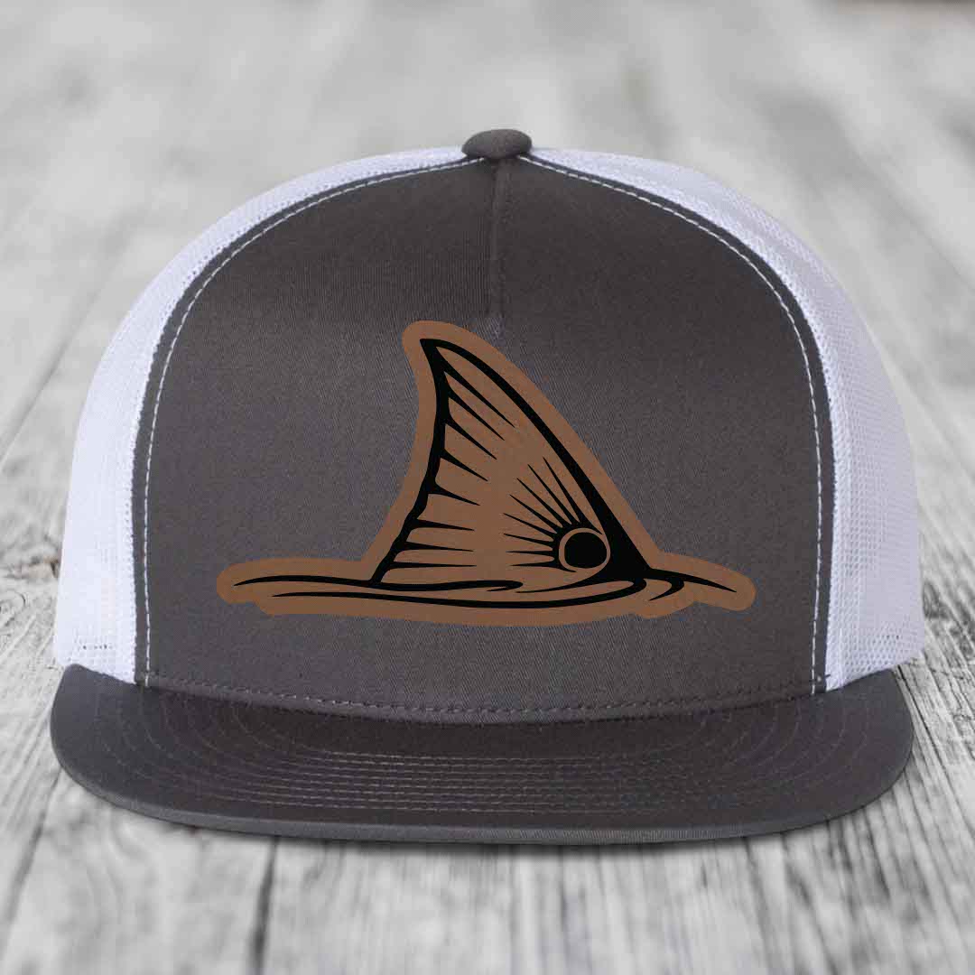 Redfish Tail - Leather Patch Hat - Dark Brown to Black Patch - Yupoong 6006 Snapback Flatbill Hat