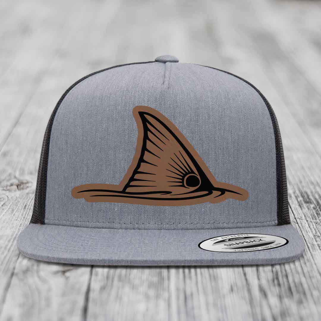 Redfish Tail - Leather Patch Hat - Dark Brown to Black Patch - Yupoong 6006 Snapback Flatbill Hat
