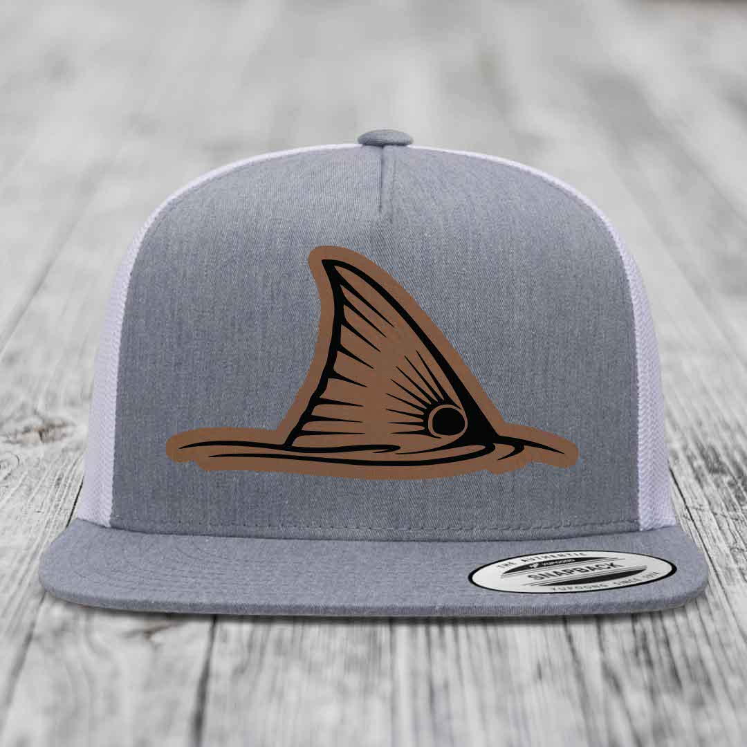 Redfish Tail - Leather Patch Hat - Dark Brown to Black Patch - Yupoong 6006 Snapback Flatbill Hat