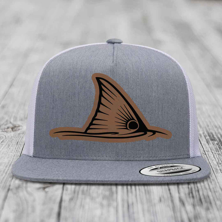 Redfish Tail - Leather Patch Hat - Dark Brown to Black Patch - Yupoong 6006 Snapback Flatbill Hat