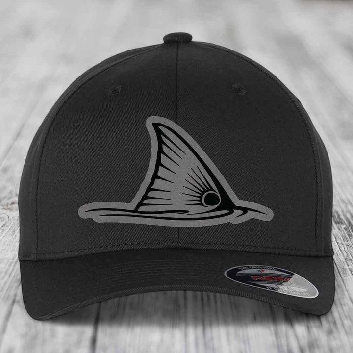 Redfish Tail - Leather Patch Hat - Grey to Black Patch - Flexfit 6277 Fitted Hat
