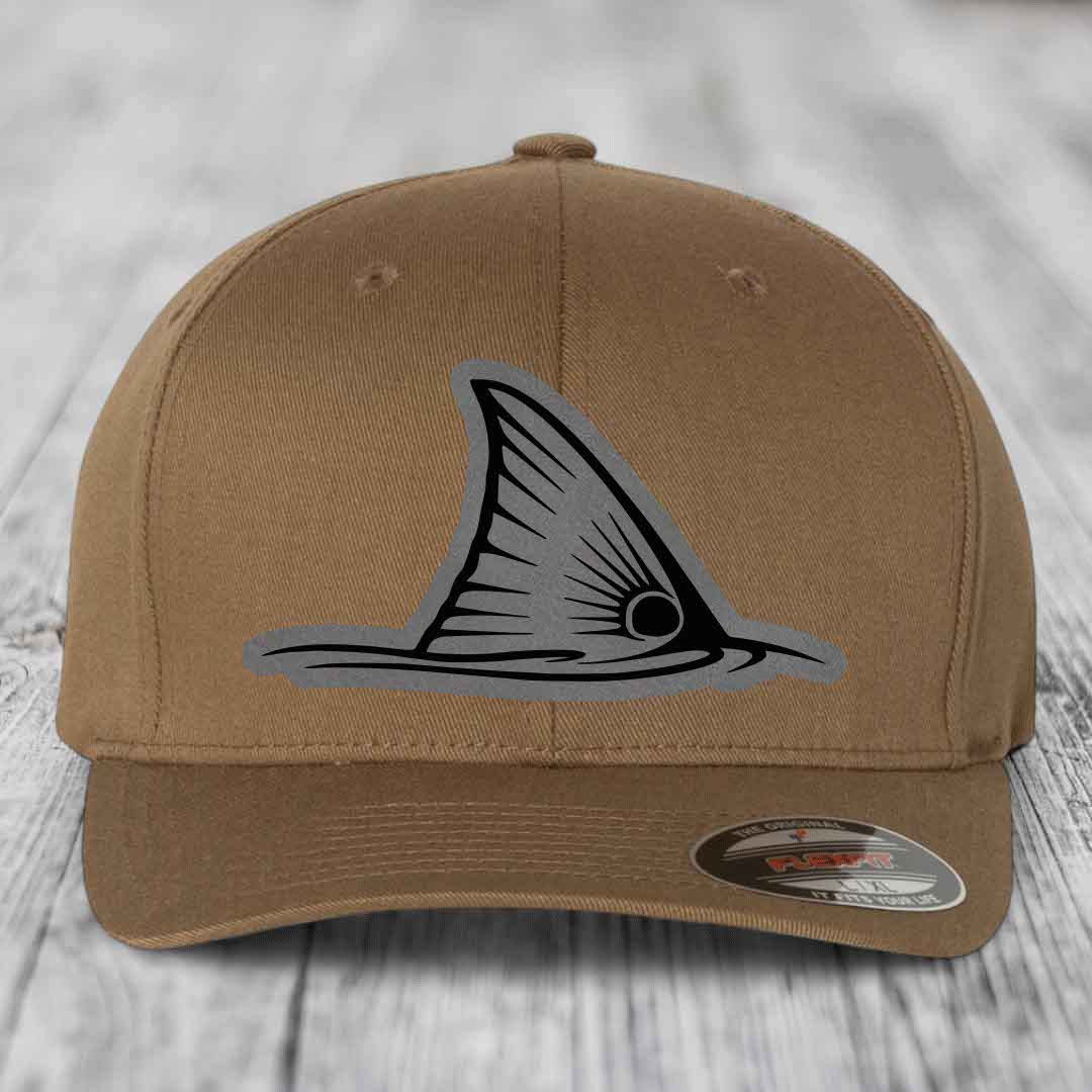 Redfish Tail - Leather Patch Hat - Grey to Black Patch - Flexfit 6277 Fitted Hat