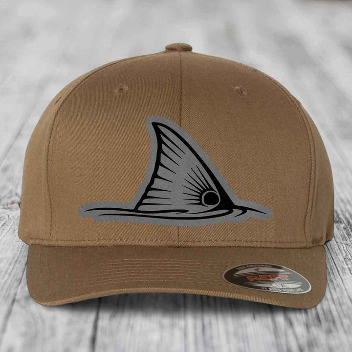 Redfish Tail - Leather Patch Hat - Grey to Black Patch - Flexfit 6277 Fitted Hat