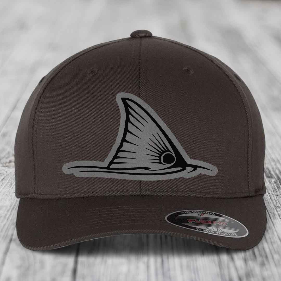 Redfish Tail - Leather Patch Hat - Grey to Black Patch - Flexfit 6277 Fitted Hat