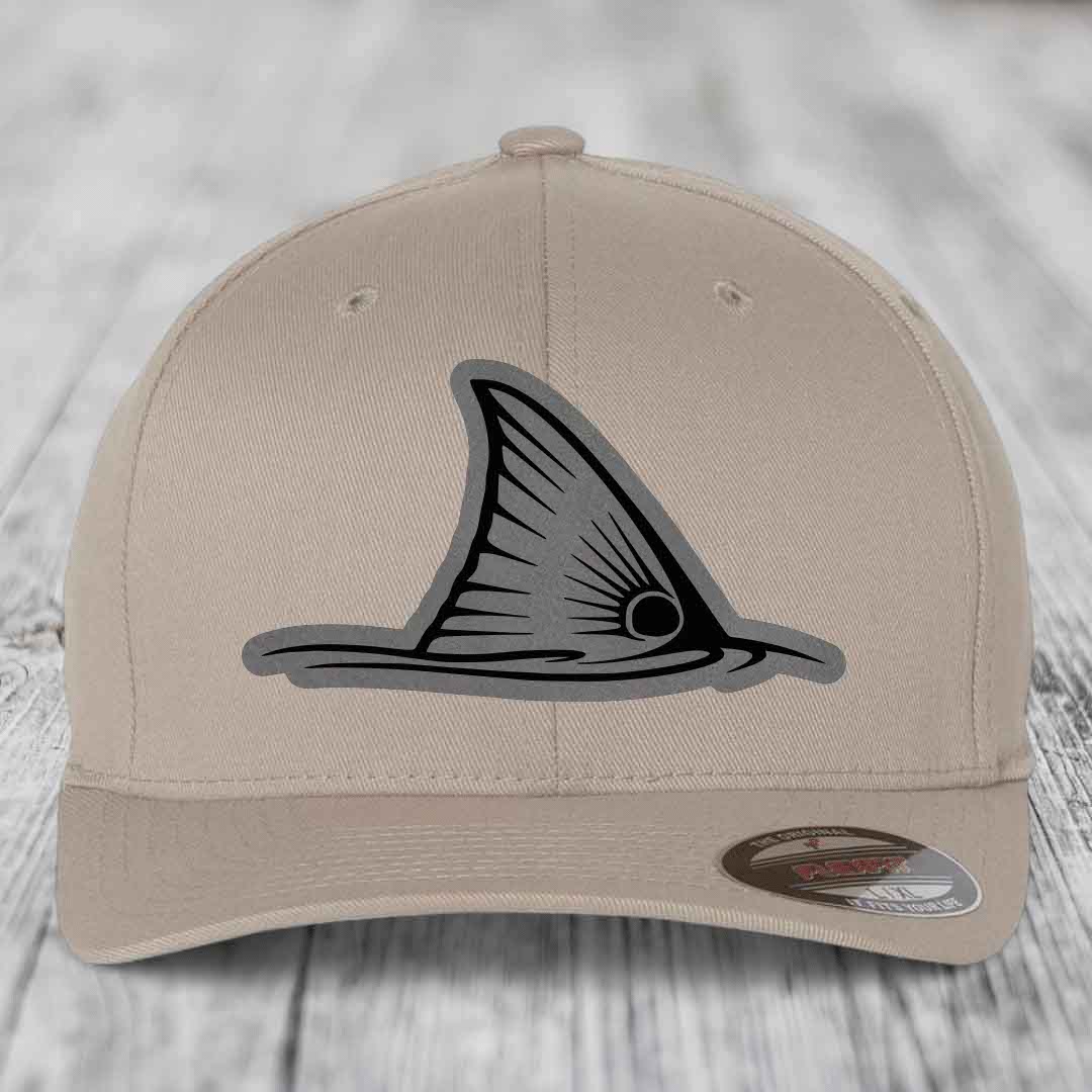 Redfish Tail - Leather Patch Hat - Grey to Black Patch - Flexfit 6277 Fitted Hat