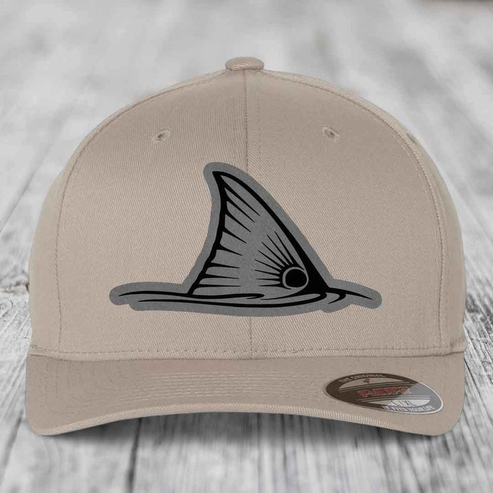 Redfish Tail - Leather Patch Hat - Grey to Black Patch - Flexfit 6277 Fitted Hat