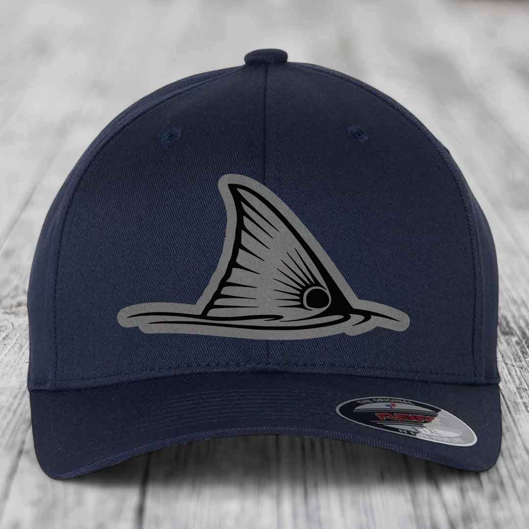 Redfish Tail - Leather Patch Hat - Grey to Black Patch - Flexfit 6277 Fitted Hat