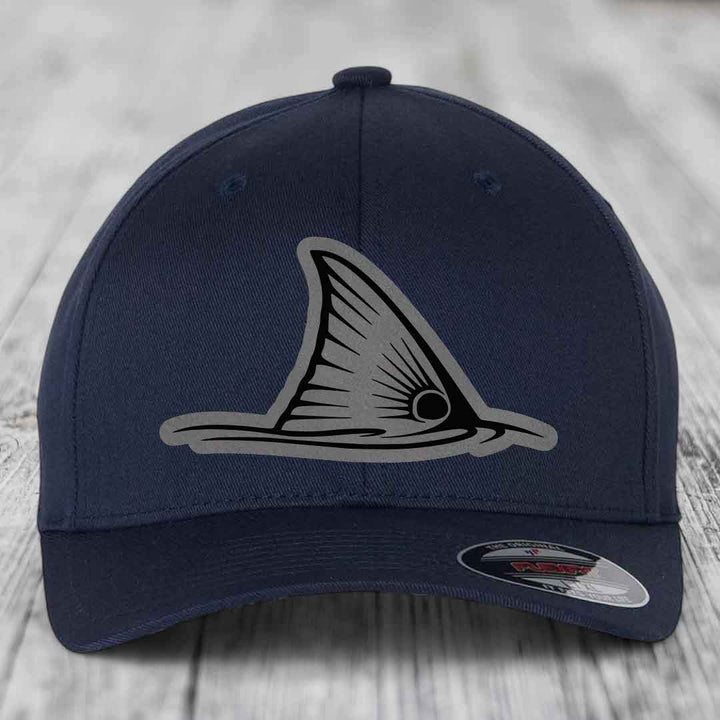 Redfish Tail - Leather Patch Hat - Grey to Black Patch - Flexfit 6277 Fitted Hat