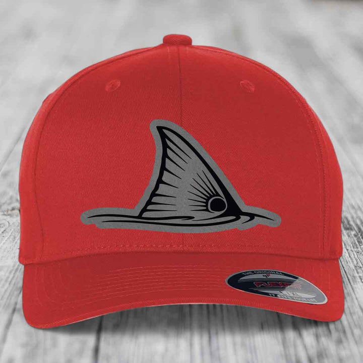 Redfish Tail - Leather Patch Hat - Grey to Black Patch - Flexfit 6277 Fitted Hat