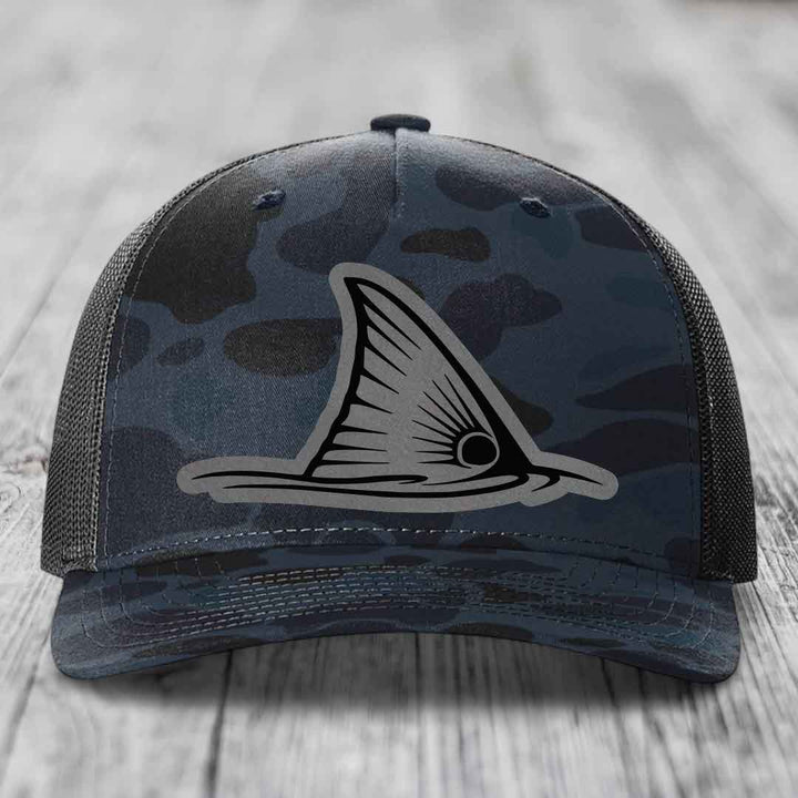 Redfish Tail - Leather Patch Hat - Grey to Black Patch - Richardson 112PFP Snapback Trucker Hat