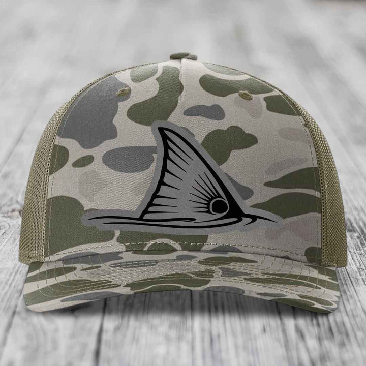 Redfish Tail - Leather Patch Hat - Grey to Black Patch - Richardson 112PFP Snapback Trucker Hat