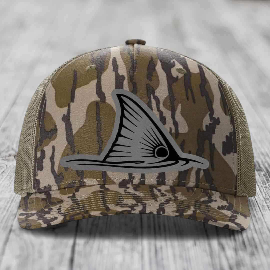 Redfish Tail - Leather Patch Hat - Grey to Black Patch - Richardson 112PFP Snapback Trucker Hat