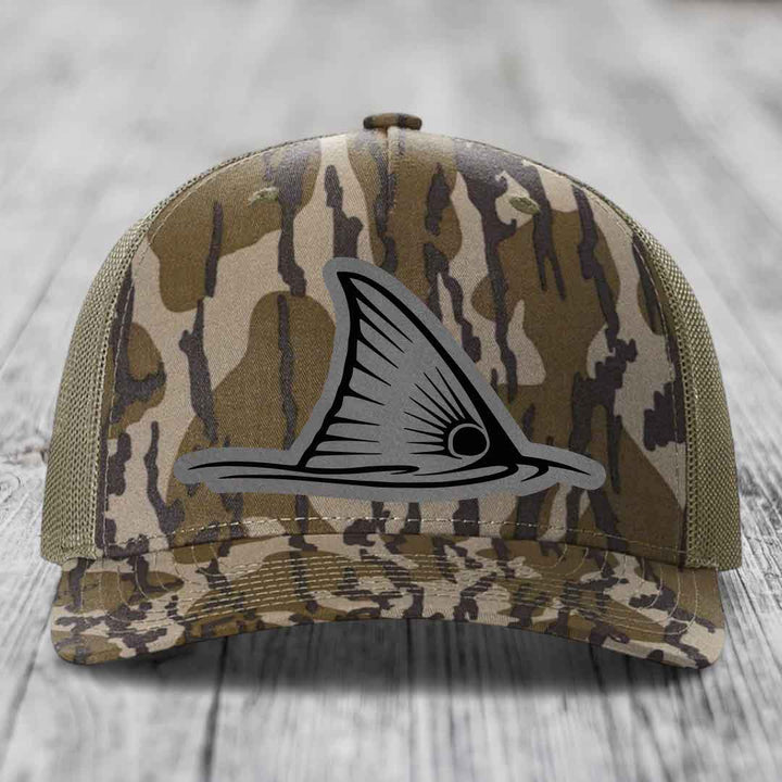 Redfish Tail - Leather Patch Hat - Grey to Black Patch - Richardson 112PFP Snapback Trucker Hat