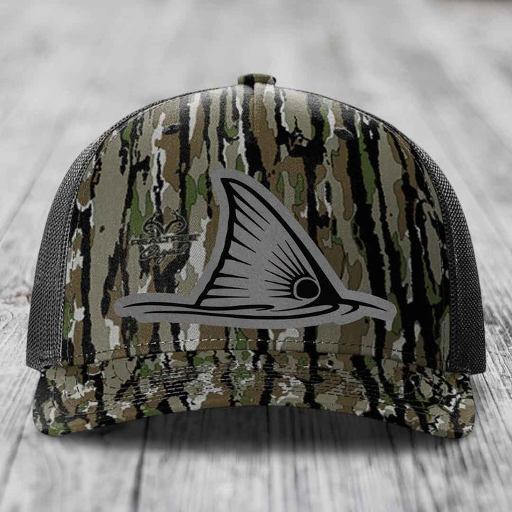 Redfish Tail - Leather Patch Hat - Grey to Black Patch - Richardson 112PFP Snapback Trucker Hat