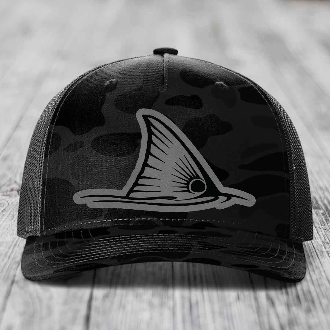Redfish Tail - Leather Patch Hat - Grey to Black Patch - Richardson 112PFP Snapback Trucker Hat