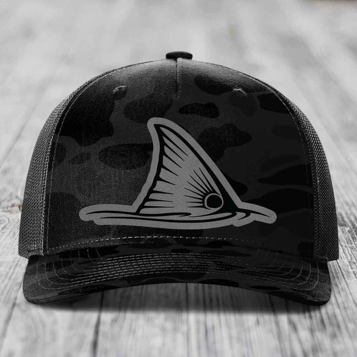 Redfish Tail - Leather Patch Hat - Grey to Black Patch - Richardson 112PFP Snapback Trucker Hat