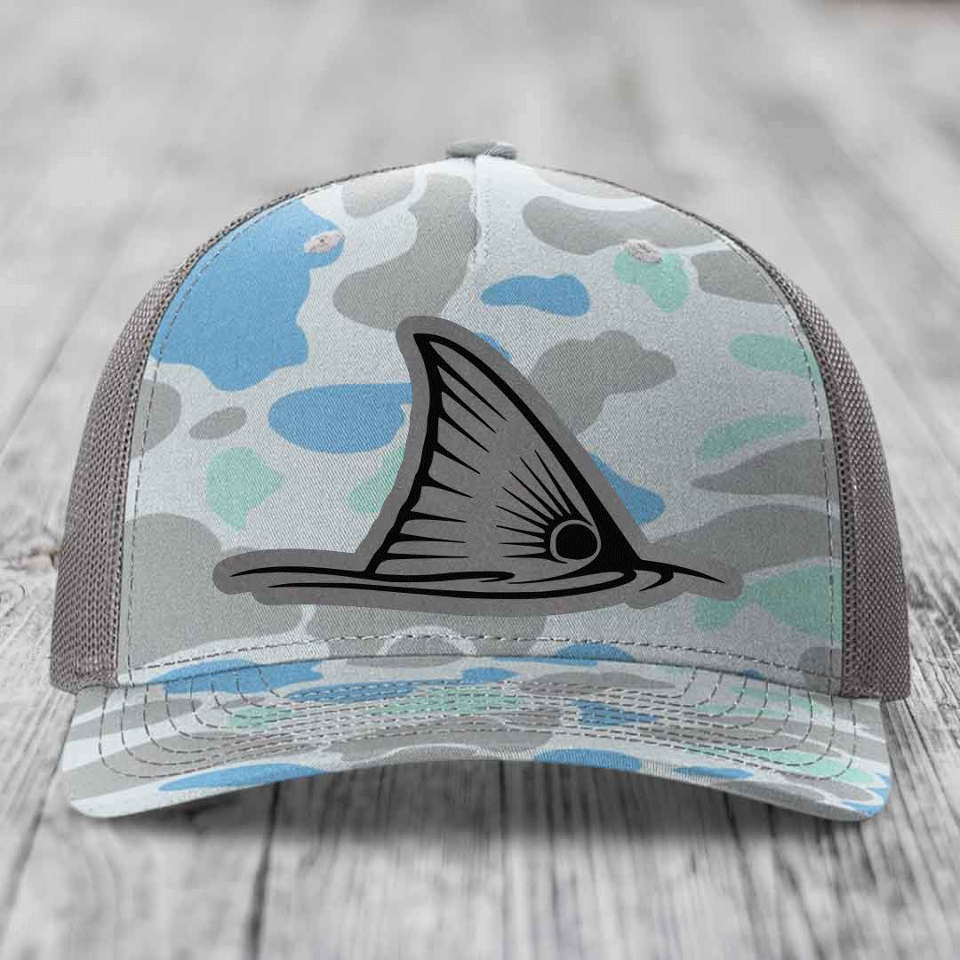 Redfish Tail - Leather Patch Hat - Grey to Black Patch - Richardson 112PFP Snapback Trucker Hat