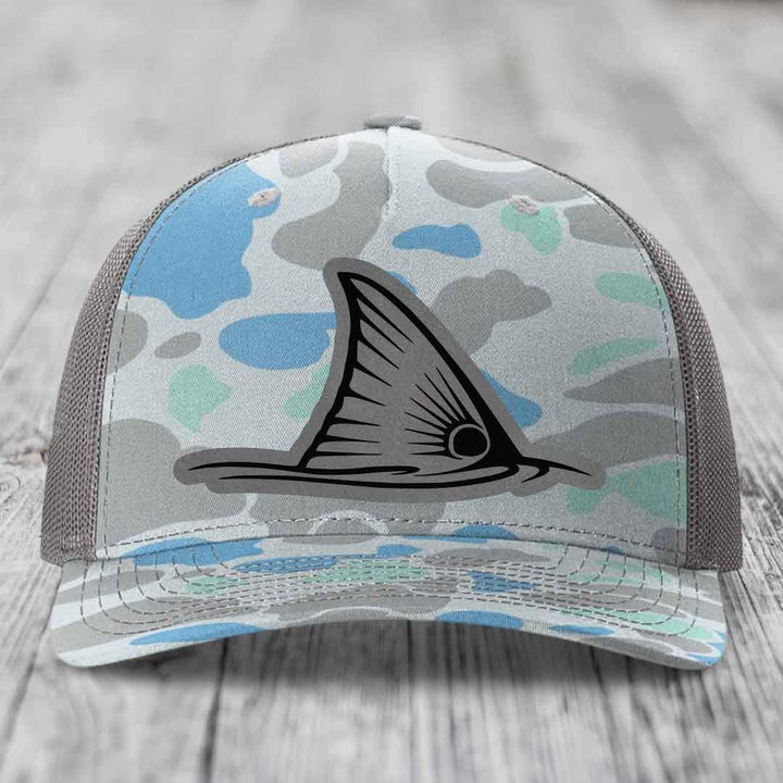 Redfish Tail - Leather Patch Hat - Grey to Black Patch - Richardson 112PFP Snapback Trucker Hat
