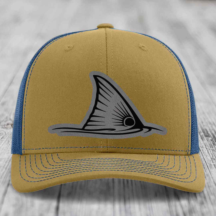 Redfish Tail - Leather Patch Hat - Grey to Black Patch - Richardson 112 Snapback Trucker Hat