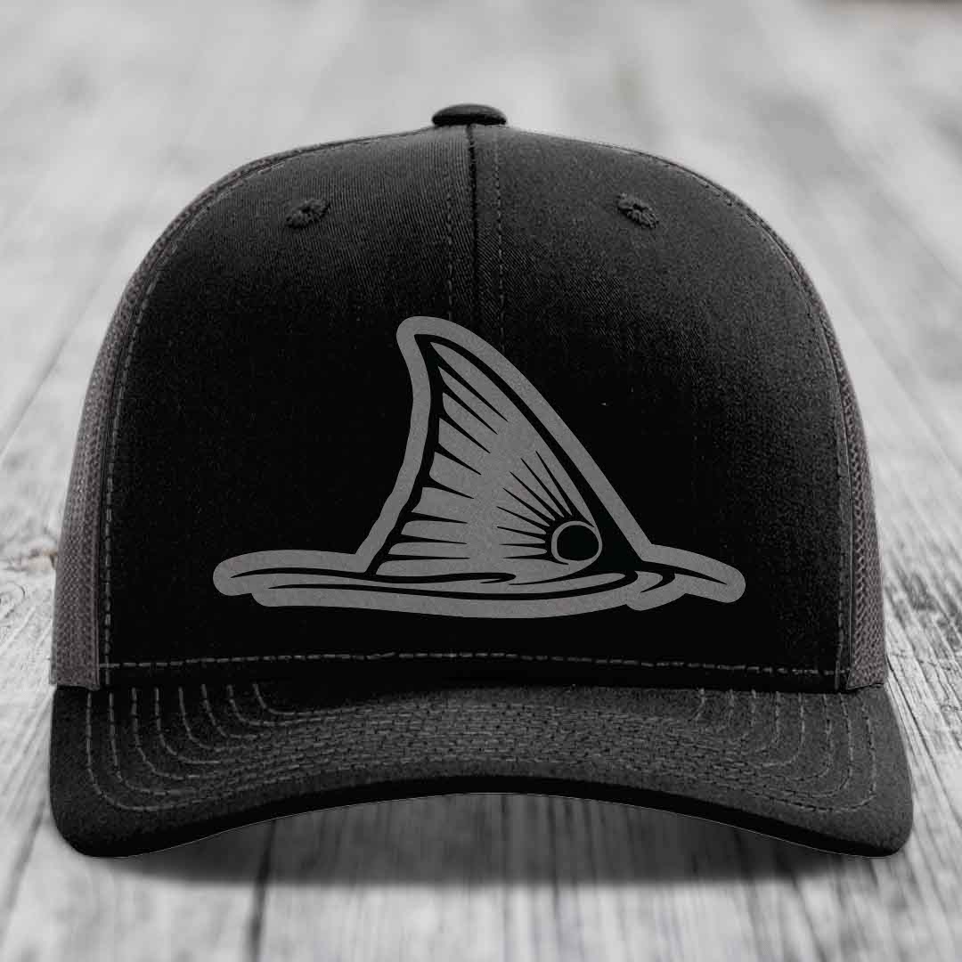 Redfish Tail - Leather Patch Hat - Grey to Black Patch - Richardson 112 Snapback Trucker Hat