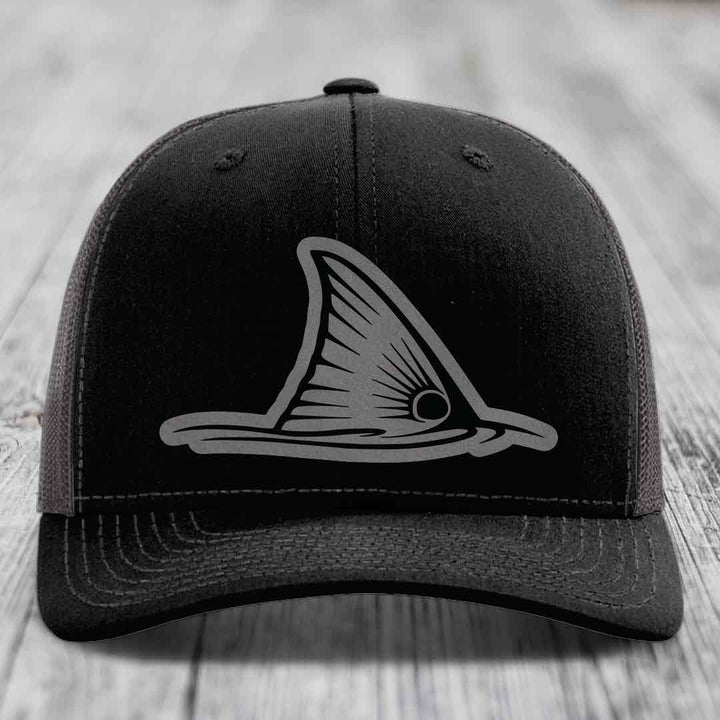 Redfish Tail - Leather Patch Hat - Grey to Black Patch - Richardson 112 Snapback Trucker Hat