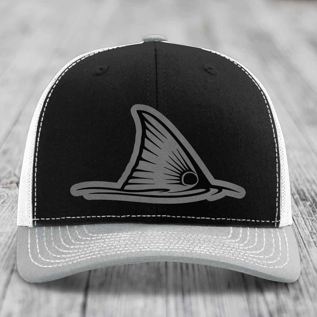 Redfish Tail - Leather Patch Hat - Grey to Black Patch - Richardson 112 Snapback Trucker Hat