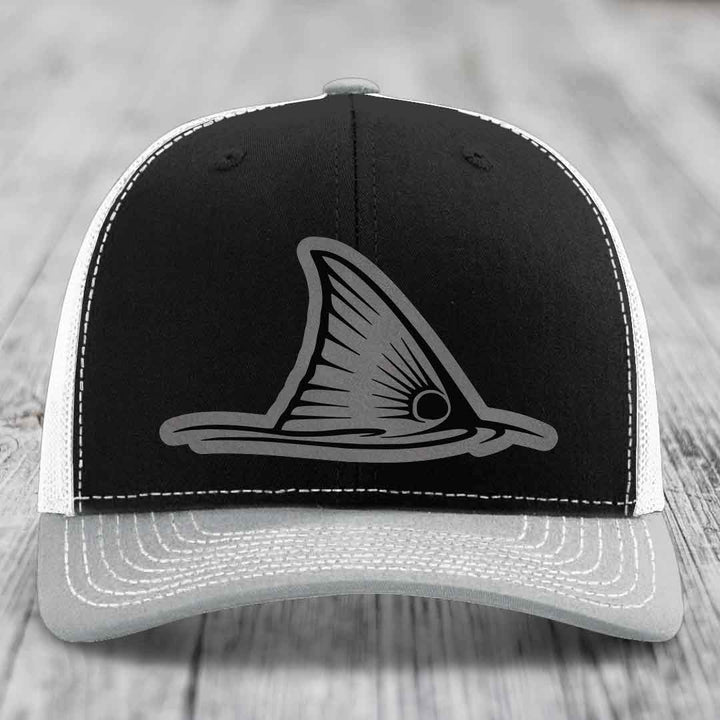 Redfish Tail - Leather Patch Hat - Grey to Black Patch - Richardson 112 Snapback Trucker Hat