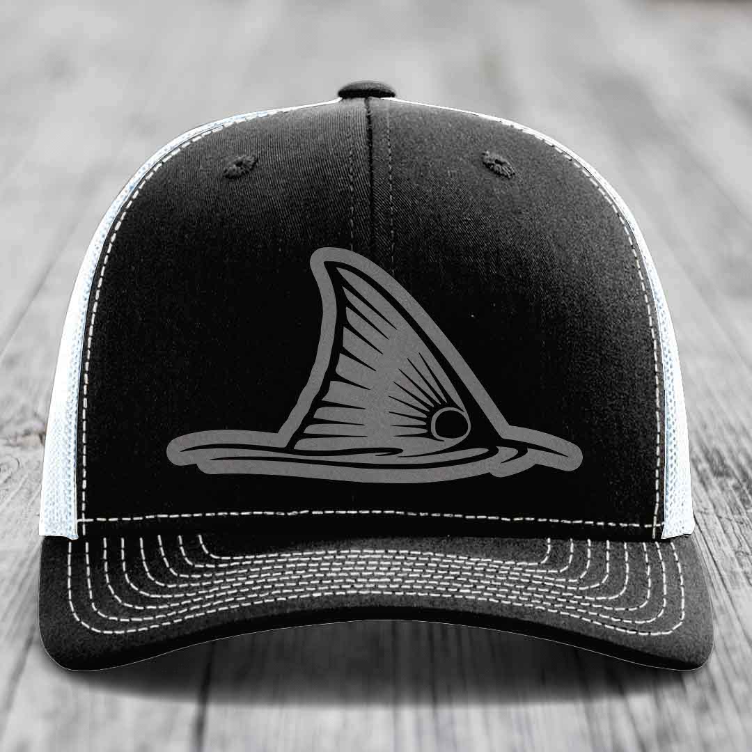 Redfish Tail - Leather Patch Hat - Grey to Black Patch - Richardson 112 Snapback Trucker Hat