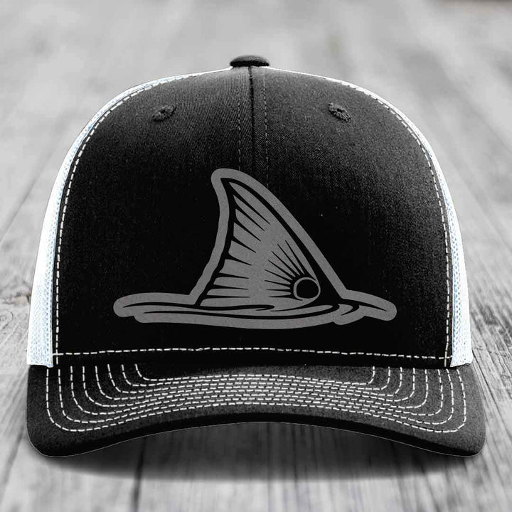 Redfish Tail - Leather Patch Hat - Grey to Black Patch - Richardson 112 Snapback Trucker Hat