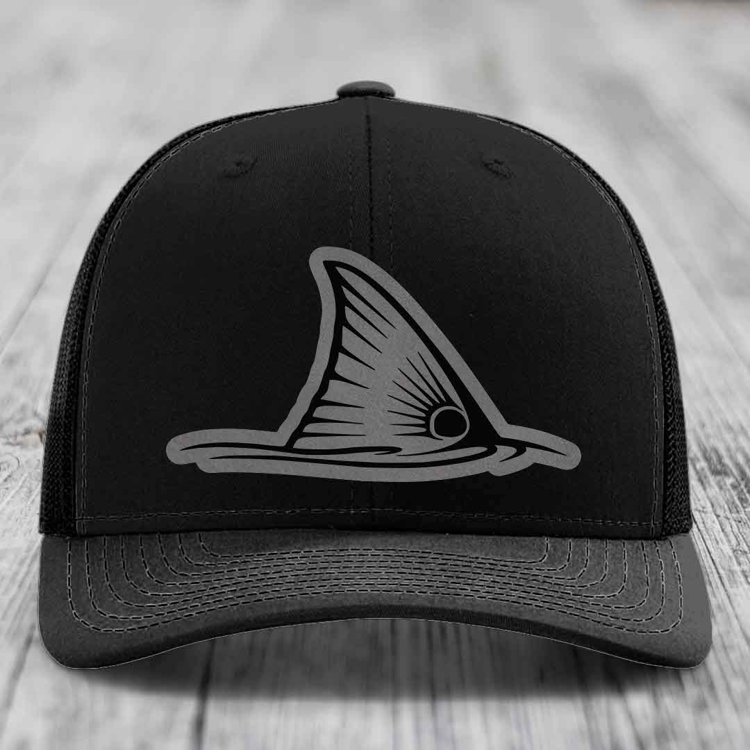 Redfish Tail - Leather Patch Hat - Grey to Black Patch - Richardson 112 Snapback Trucker Hat