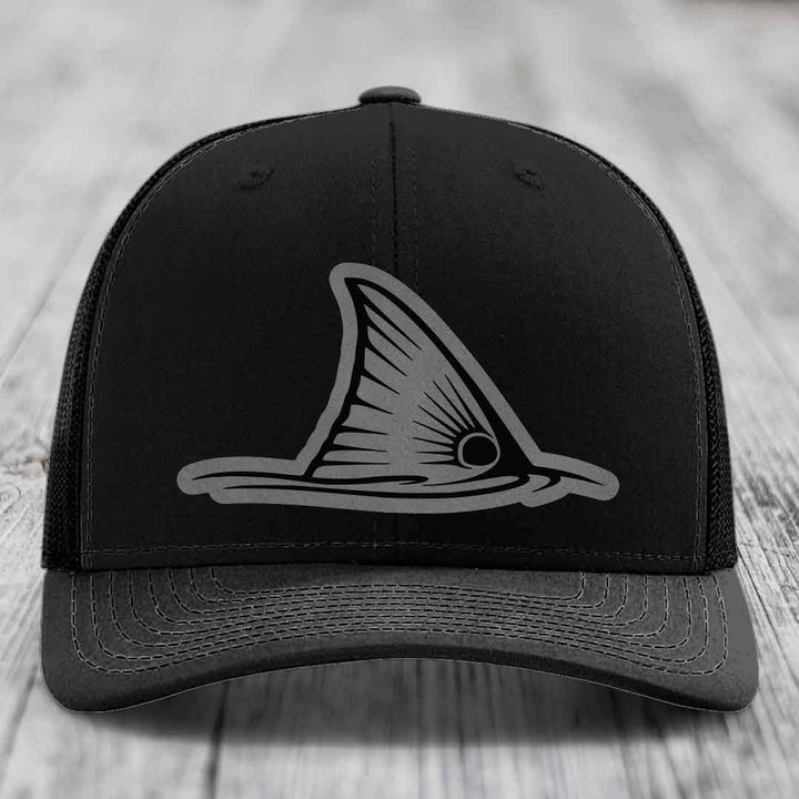 Redfish Tail - Leather Patch Hat - Grey to Black Patch - Richardson 112 Snapback Trucker Hat