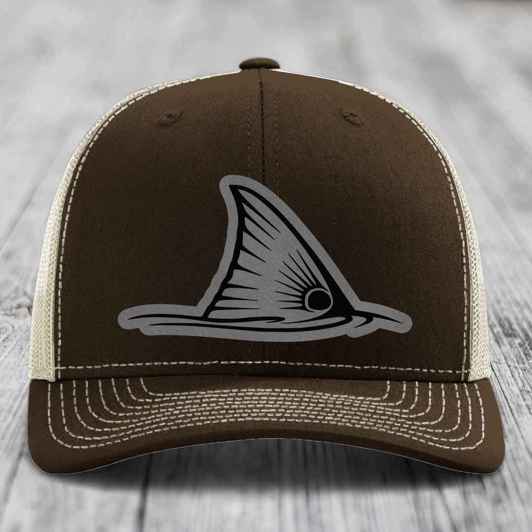 Redfish Tail - Leather Patch Hat - Grey to Black Patch - Richardson 112 Snapback Trucker Hat