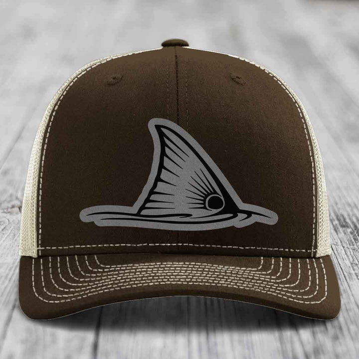 Redfish Tail - Leather Patch Hat - Grey to Black Patch - Richardson 112 Snapback Trucker Hat