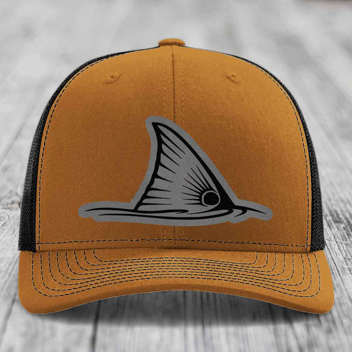 Redfish Tail - Leather Patch Hat - Grey to Black Patch - Richardson 112 Snapback Trucker Hat
