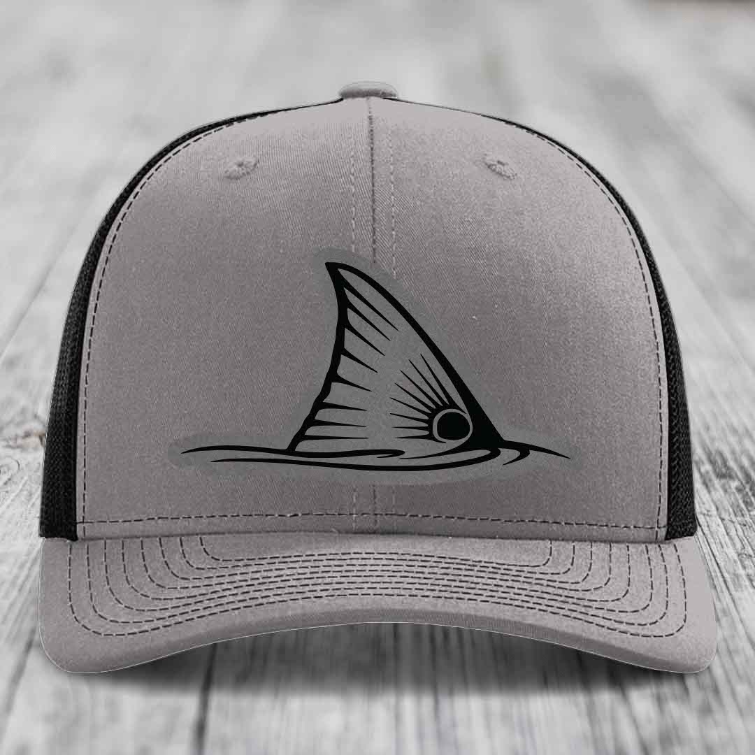 Redfish Tail - Leather Patch Hat - Grey to Black Patch - Richardson 112 Snapback Trucker Hat