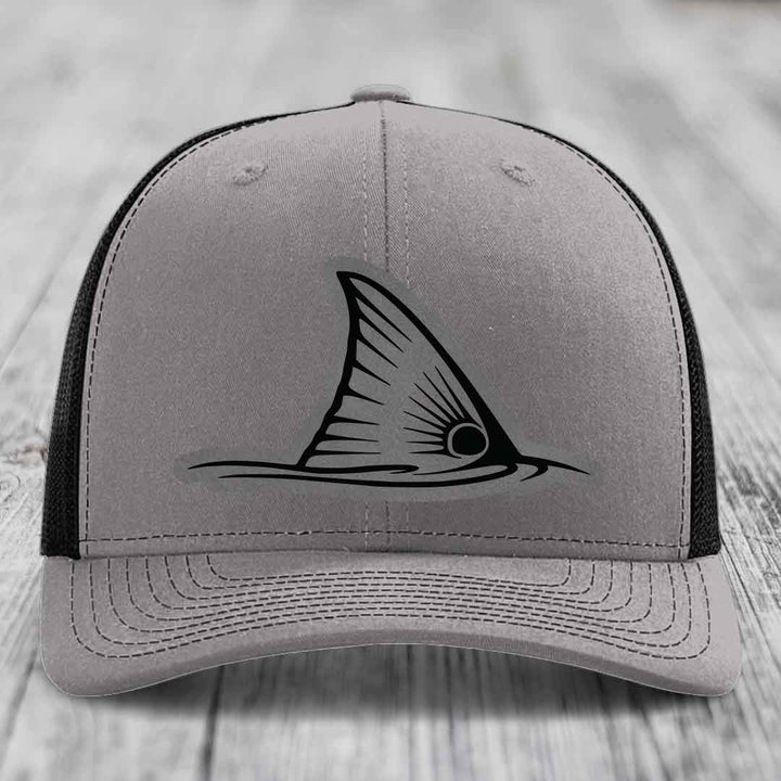 Redfish Tail - Leather Patch Hat - Grey to Black Patch - Richardson 112 Snapback Trucker Hat