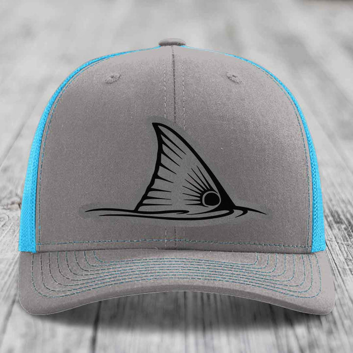 Redfish Tail - Leather Patch Hat - Grey to Black Patch - Richardson 112 Snapback Trucker Hat