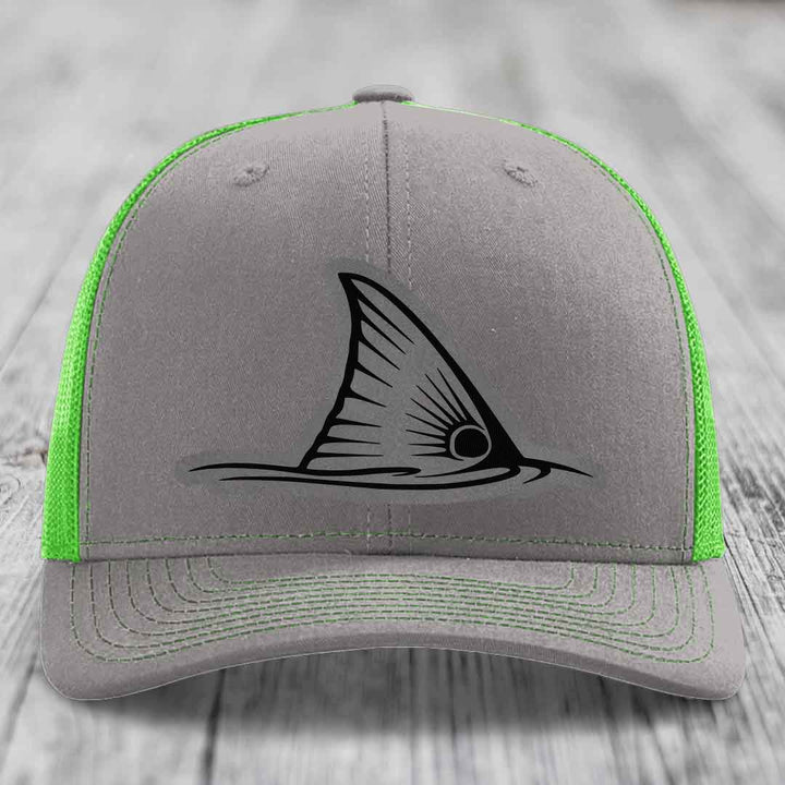 Redfish Tail - Leather Patch Hat - Grey to Black Patch - Richardson 112 Snapback Trucker Hat