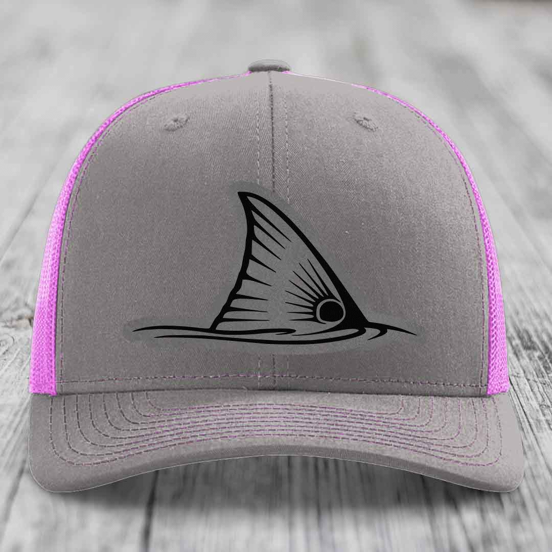 Redfish Tail - Leather Patch Hat - Grey to Black Patch - Richardson 112 Snapback Trucker Hat
