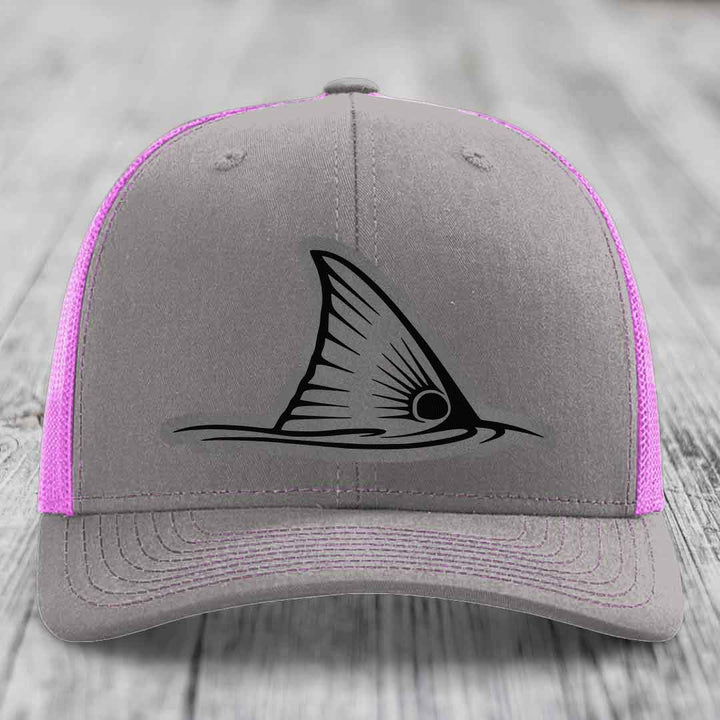 Redfish Tail - Leather Patch Hat - Grey to Black Patch - Richardson 112 Snapback Trucker Hat