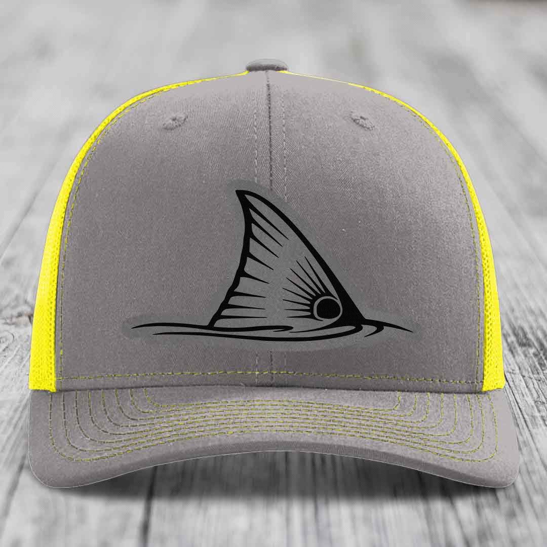 Redfish Tail - Leather Patch Hat - Grey to Black Patch - Richardson 112 Snapback Trucker Hat
