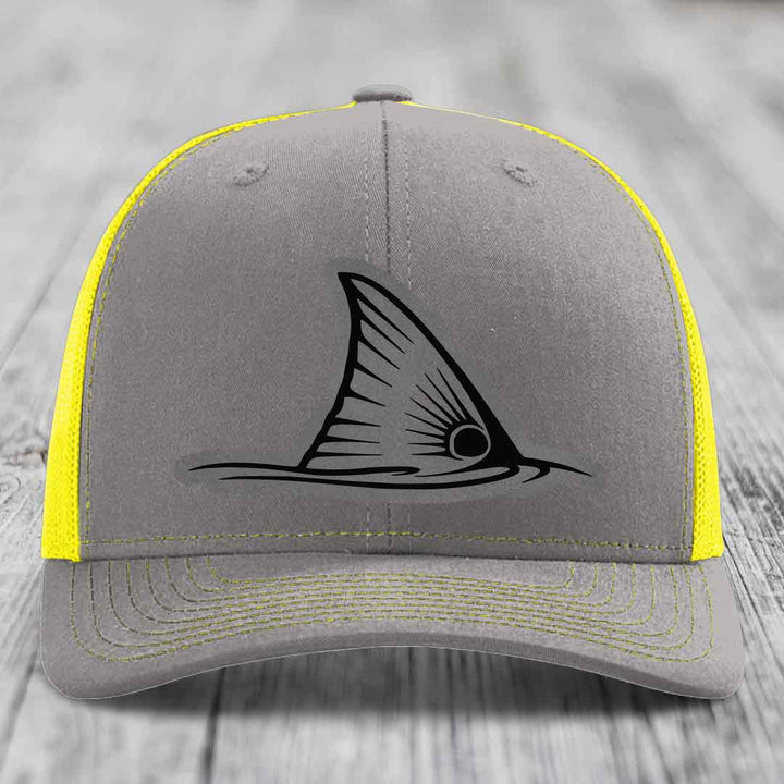 Redfish Tail - Leather Patch Hat - Grey to Black Patch - Richardson 112 Snapback Trucker Hat