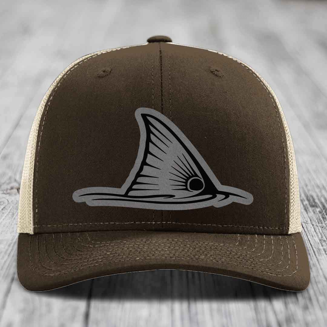 Redfish Tail - Leather Patch Hat - Grey to Black Patch - Richardson 112 Snapback Trucker Hat