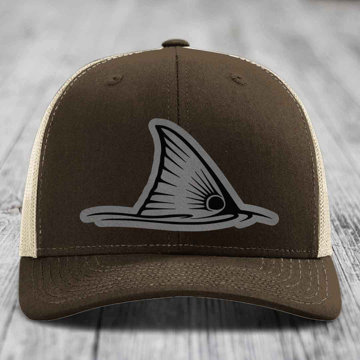 Redfish Tail - Leather Patch Hat - Grey to Black Patch - Richardson 112 Snapback Trucker Hat