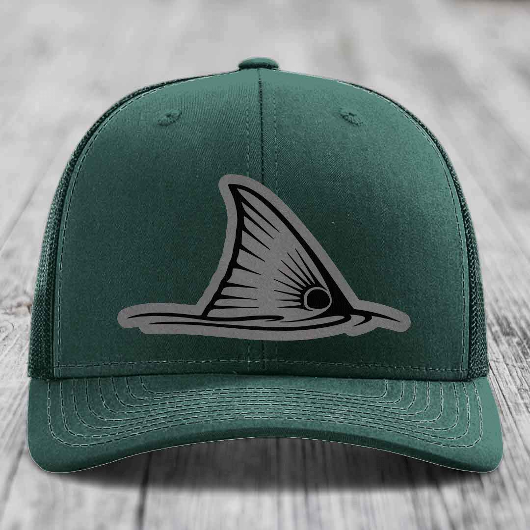 Redfish Tail - Leather Patch Hat - Grey to Black Patch - Richardson 112 Snapback Trucker Hat