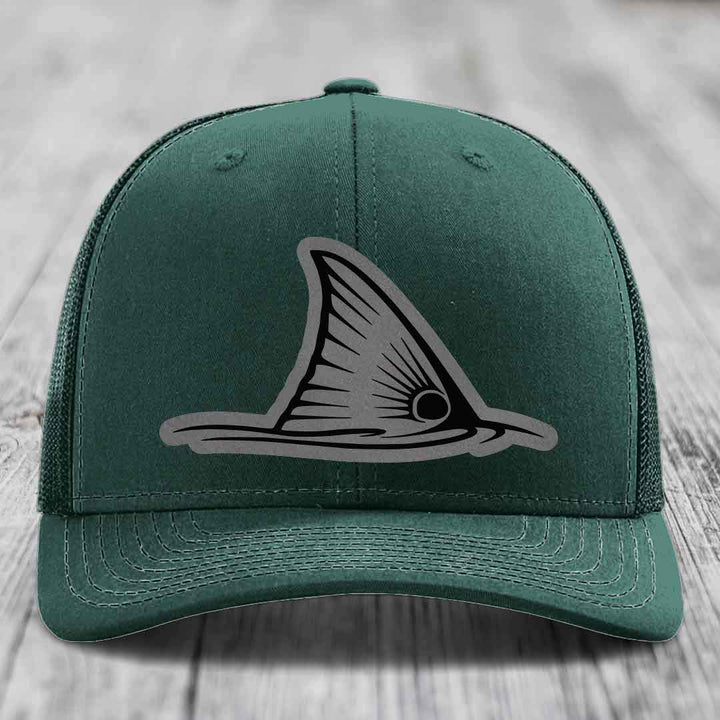 Redfish Tail - Leather Patch Hat - Grey to Black Patch - Richardson 112 Snapback Trucker Hat