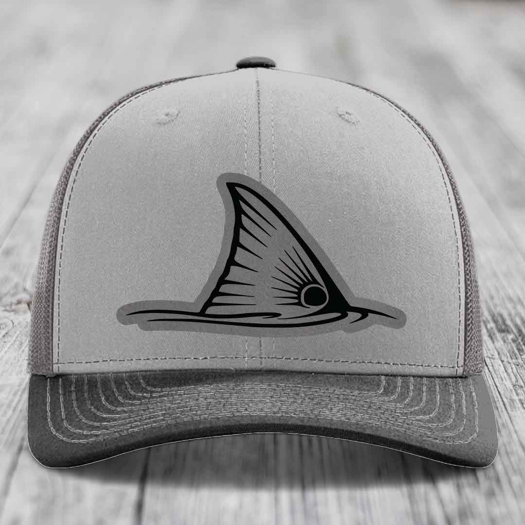 Redfish Tail - Leather Patch Hat - Grey to Black Patch - Richardson 112 Snapback Trucker Hat