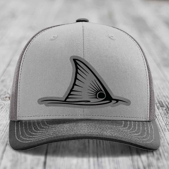 Redfish Tail - Leather Patch Hat - Grey to Black Patch - Richardson 112 Snapback Trucker Hat