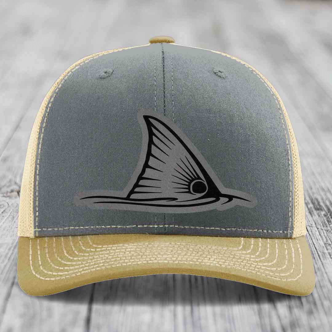 Redfish Tail - Leather Patch Hat - Grey to Black Patch - Richardson 112 Snapback Trucker Hat